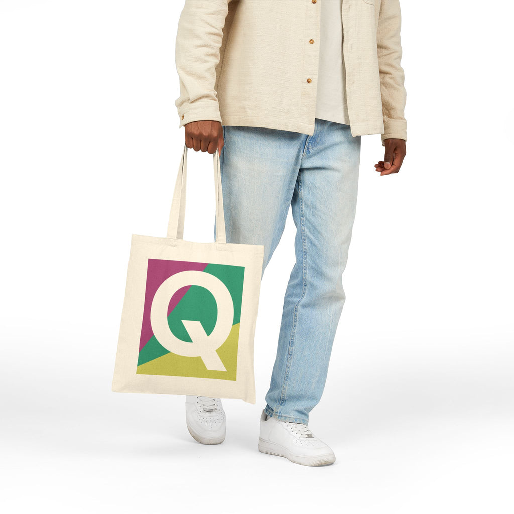 Initial Q Colorblock Canvas Tote Bag — Monogram Letter Q Reusable Grocery Tote