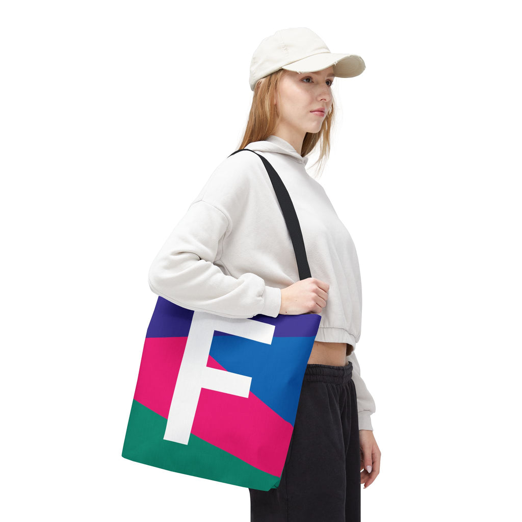 Monogram 'F' Colorblock Tote Bag — Personalized Initial F Shoulder Tote