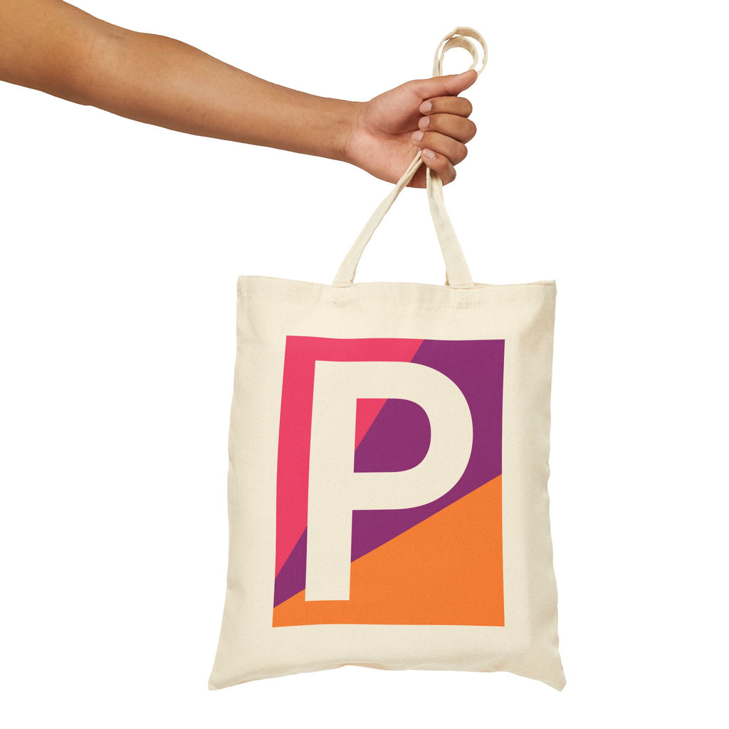 Initial P Colorblock Canvas Tote Bag — Monogram Letter P Reusable Grocery Tote