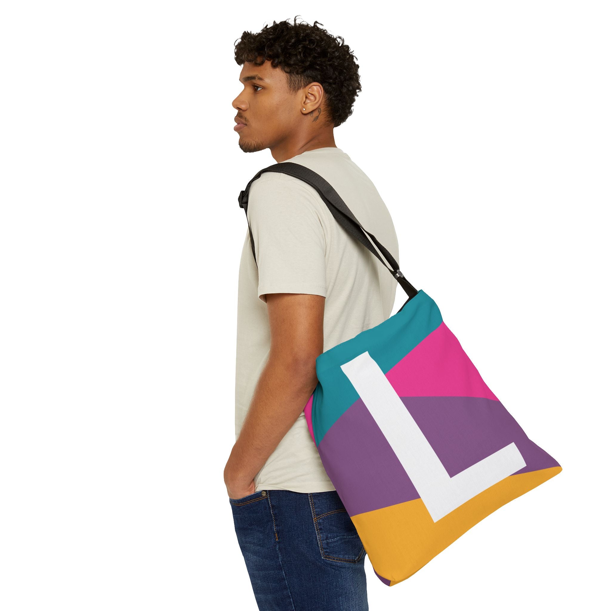 Initial Letter 'L' Colorblock Adjustable Tote Bag — Monogram Alphabet Shoulder Bag