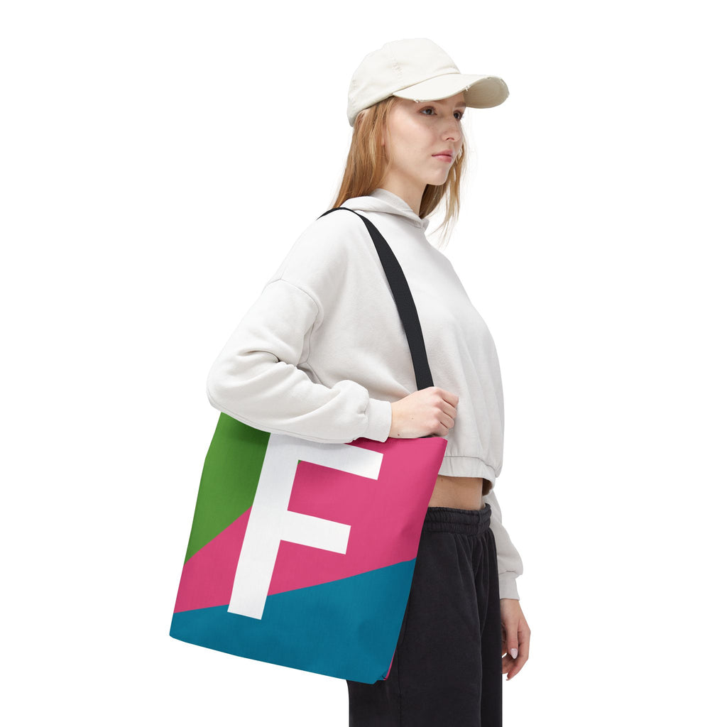 Monogram 'F' Colorblock Tote Bag — Personalized Initial F Shoulder Tote