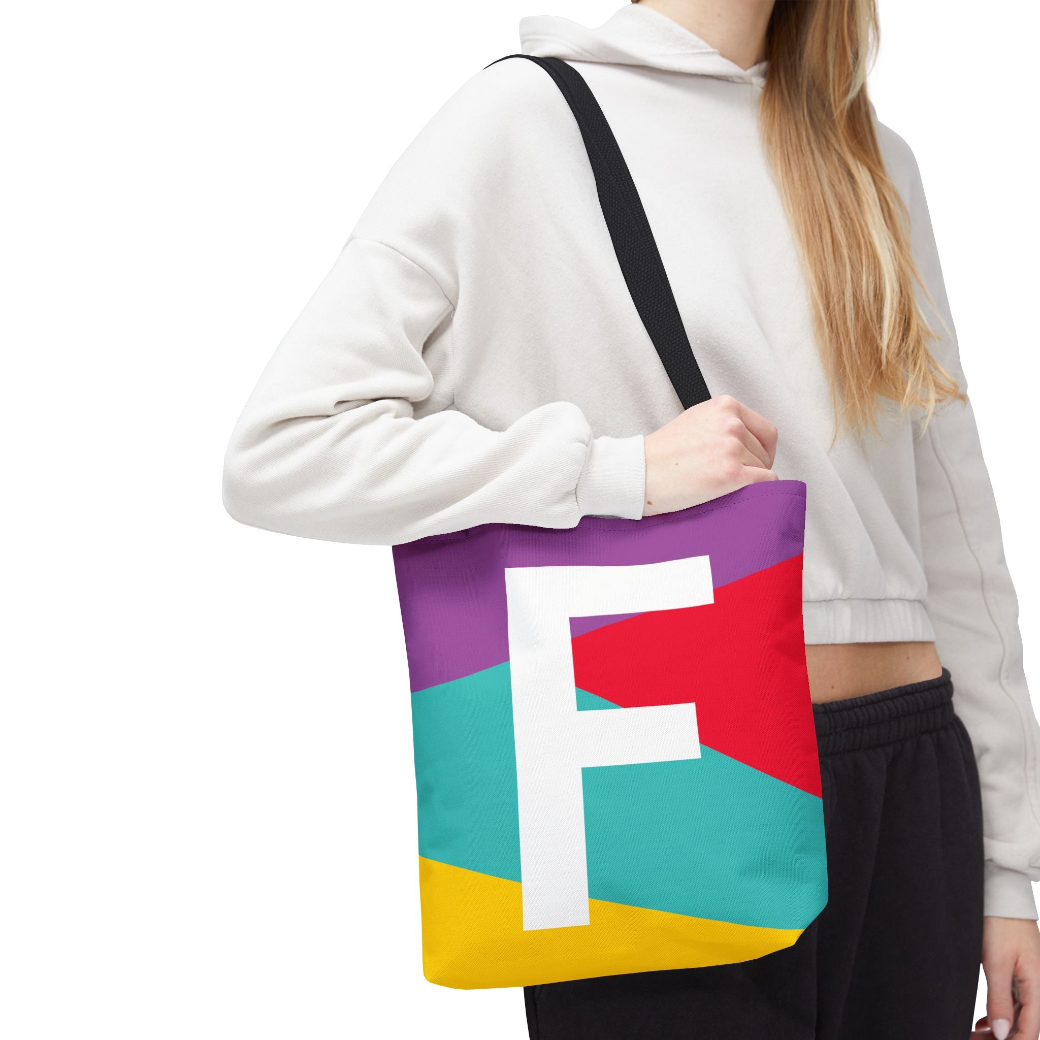 Monogram 'F' Colorblock Tote Bag — Personalized Initial F Shoulder Tote
