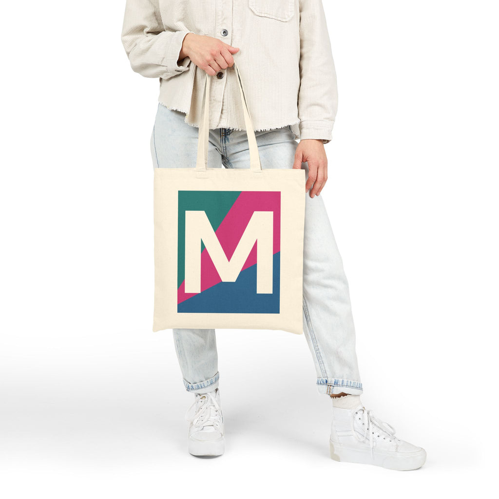 Initial M Colorblock Canvas Tote Bag — Monogram Letter M Reusable Grocery Tote