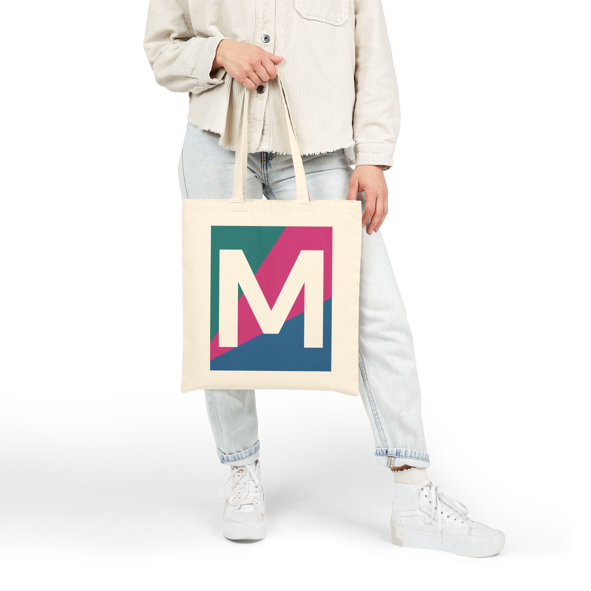 Initial M Colorblock Canvas Tote Bag — Monogram Letter M Reusable Grocery Tote