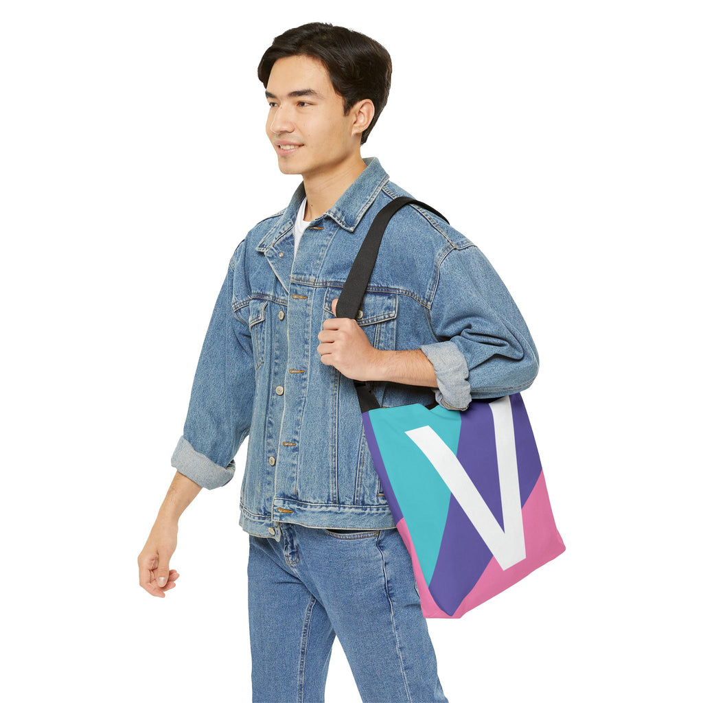 Initial Letter 'V' Colorblock Adjustable Tote Bag — Monogram Alphabet Shoulder Bag