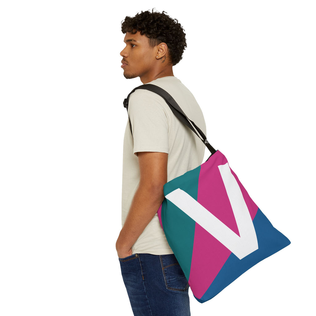 Initial Letter 'V' Colorblock Adjustable Tote Bag — Monogram Alphabet Shoulder Bag