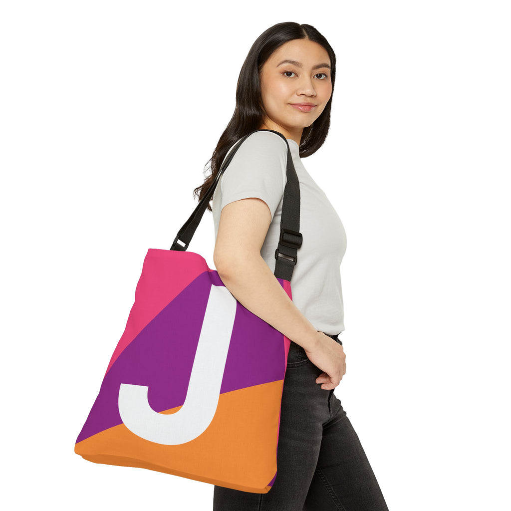 Initial Letter 'J' Colorblock Adjustable Tote Bag — Monogram Alphabet Shoulder Bag