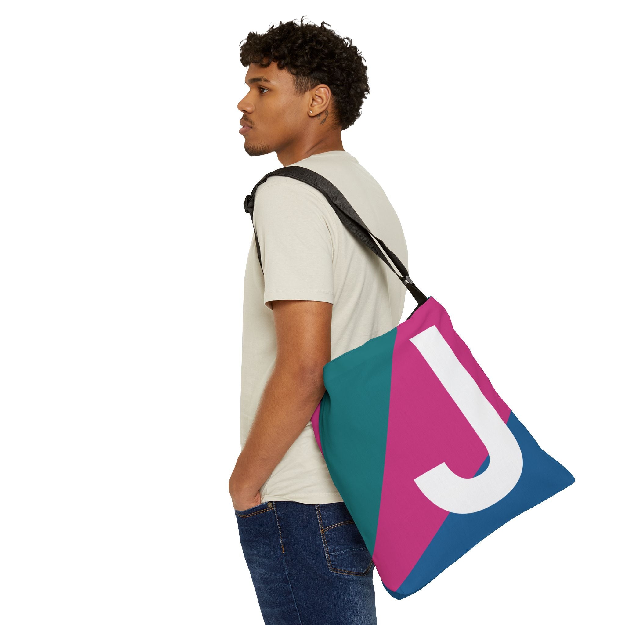 Initial Letter 'J' Colorblock Adjustable Tote Bag — Monogram Alphabet Shoulder Bag