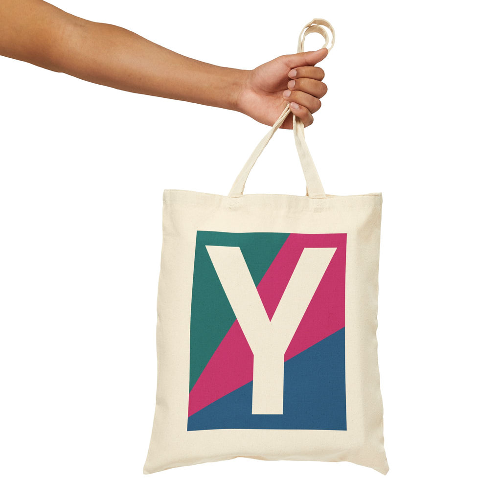 Initial Y Colorblock Canvas Tote Bag — Monogram Letter Y Reusable Grocery Tote