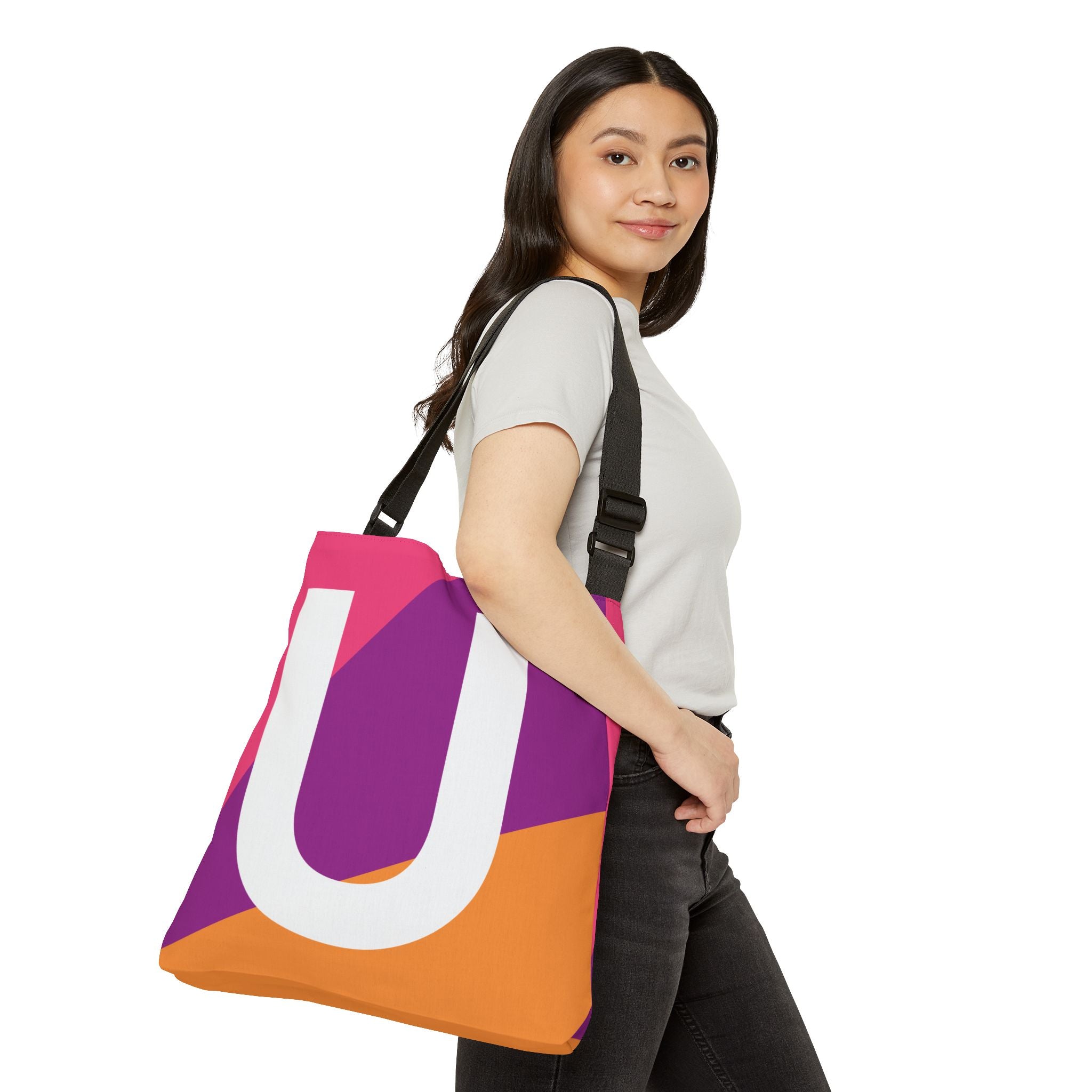 Initial Letter 'U' Colorblock Adjustable Tote Bag — Monogram Alphabet Shoulder Bag