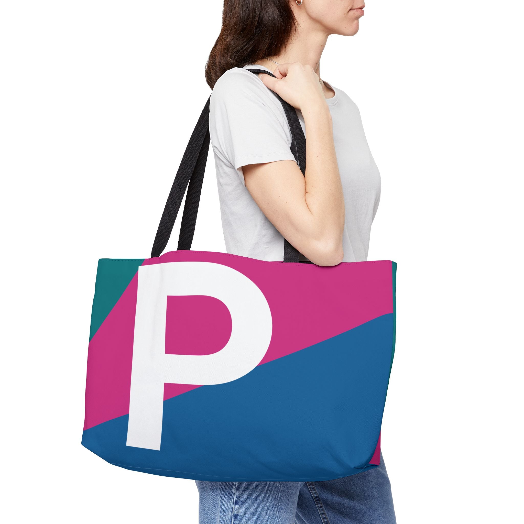 Personalized 'P' Colorblock Tote Bag — Monogram Weekender Tote