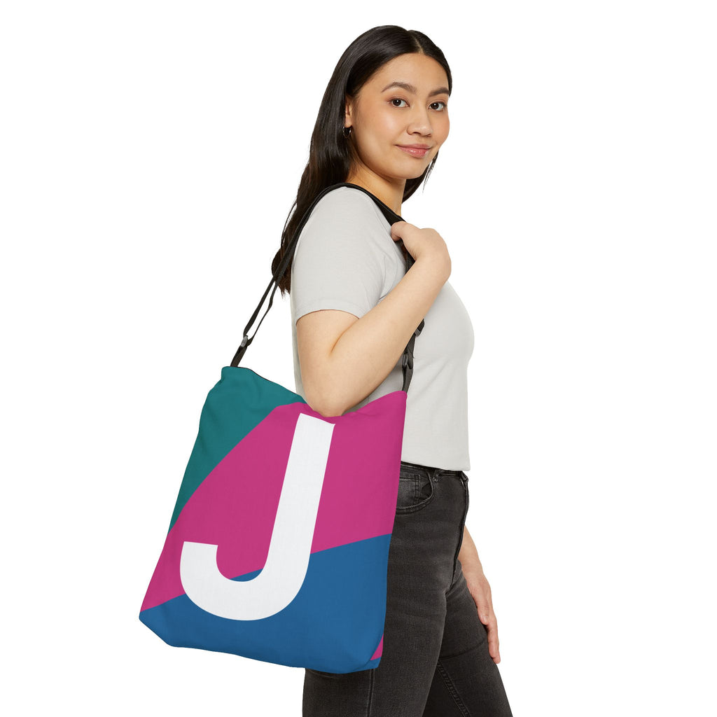Initial Letter 'J' Colorblock Adjustable Tote Bag — Monogram Alphabet Shoulder Bag