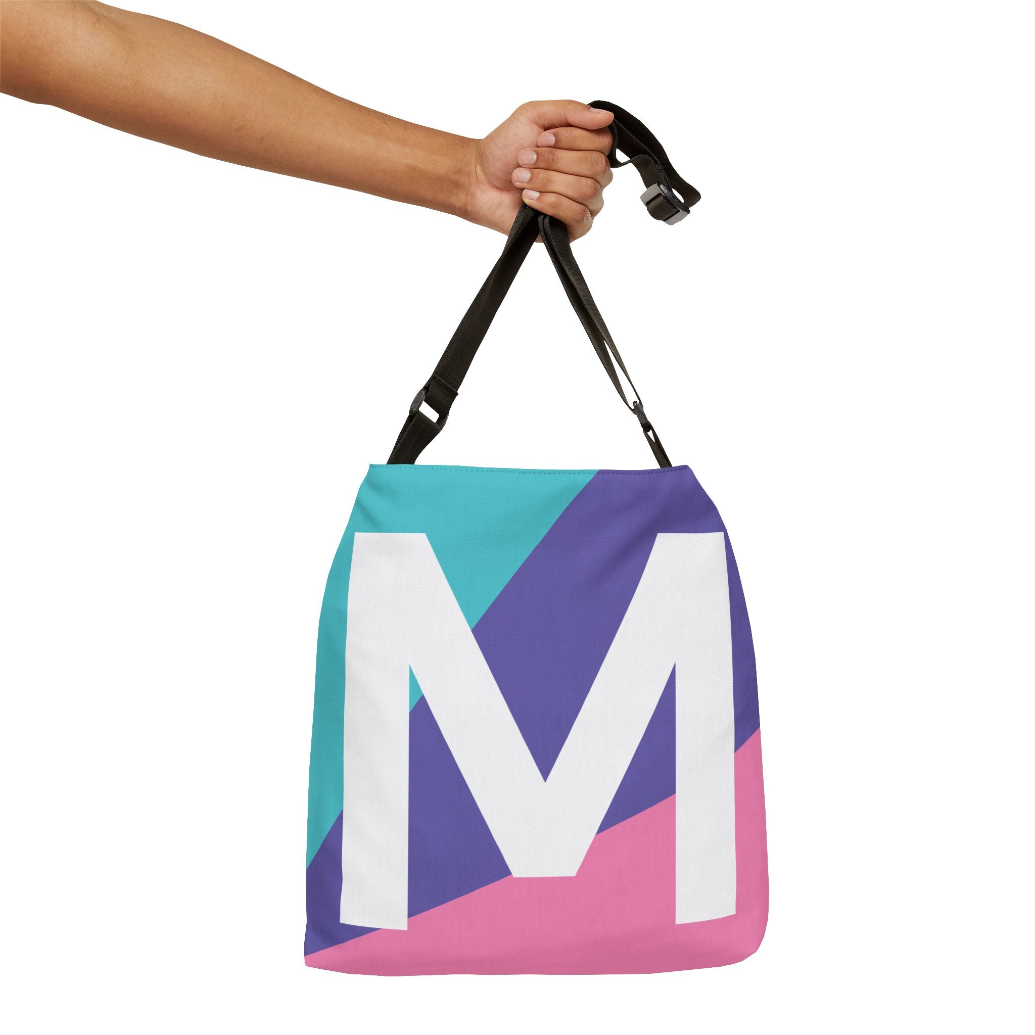 Initial Letter 'M' Colorblock Adjustable Tote Bag — Monogram Alphabet Shoulder Bag
