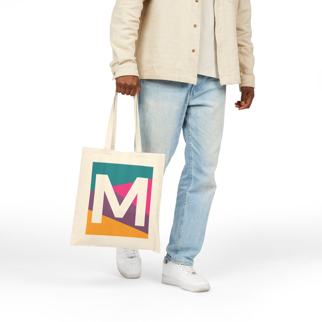Initial M Colorblock Canvas Tote Bag — Monogram Letter M Reusable Grocery Tote