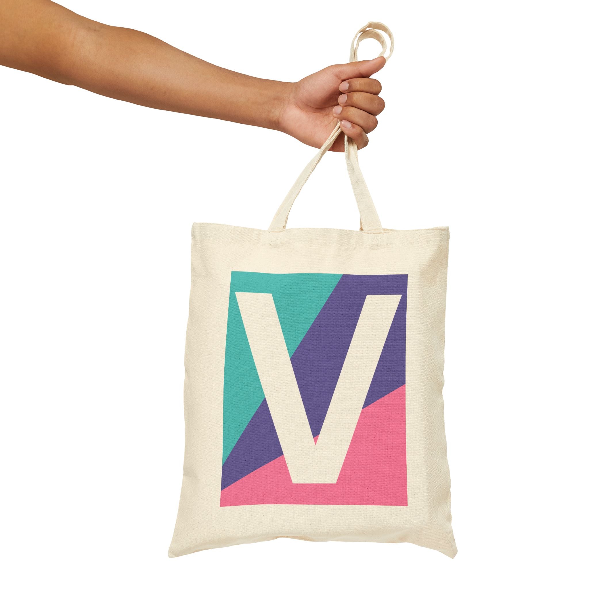 Initial V Colorblock Canvas Tote Bag — Monogram Letter V Reusable Grocery Tote