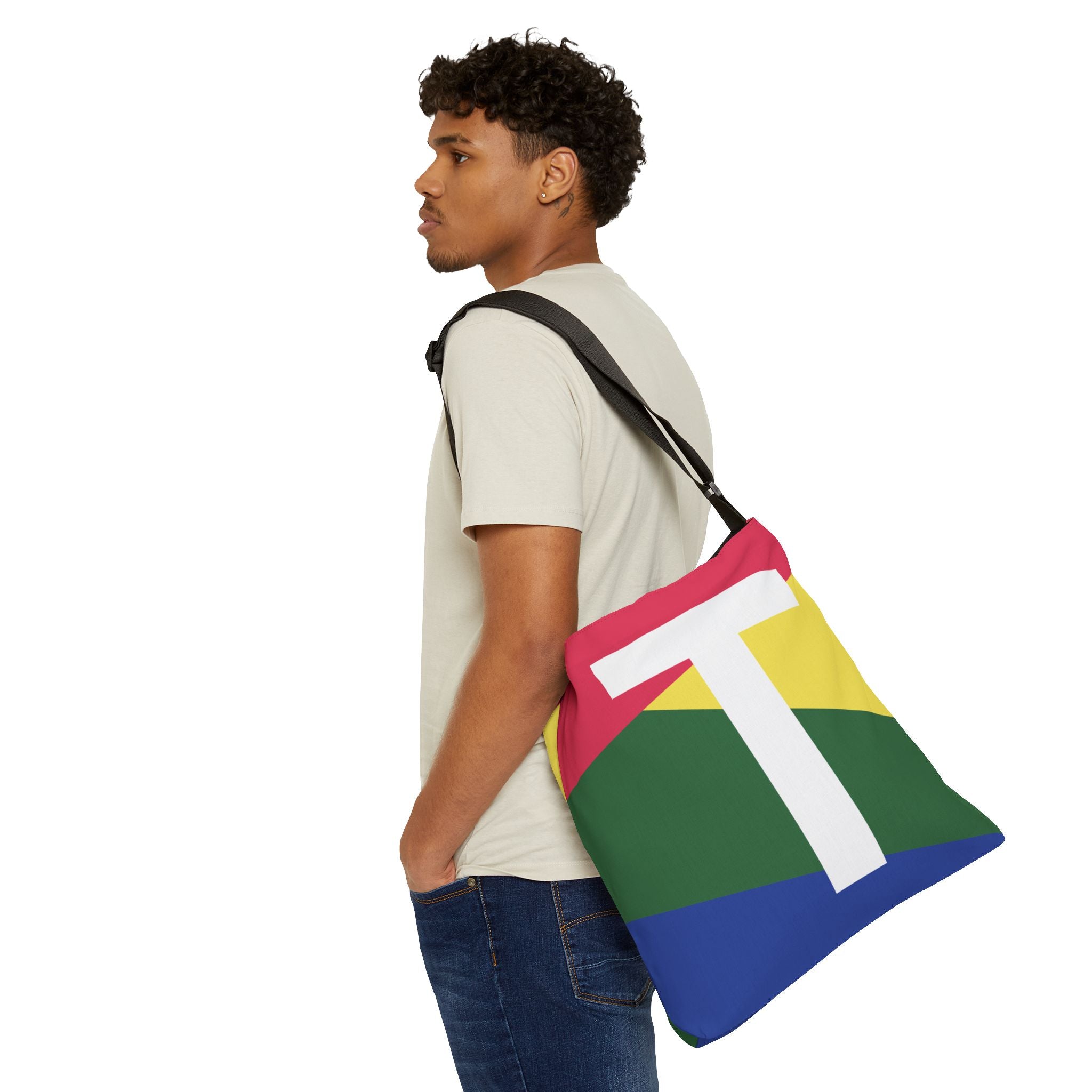 Initial Letter 'T' Colorblock Adjustable Tote Bag — Monogram Alphabet Shoulder Bag
