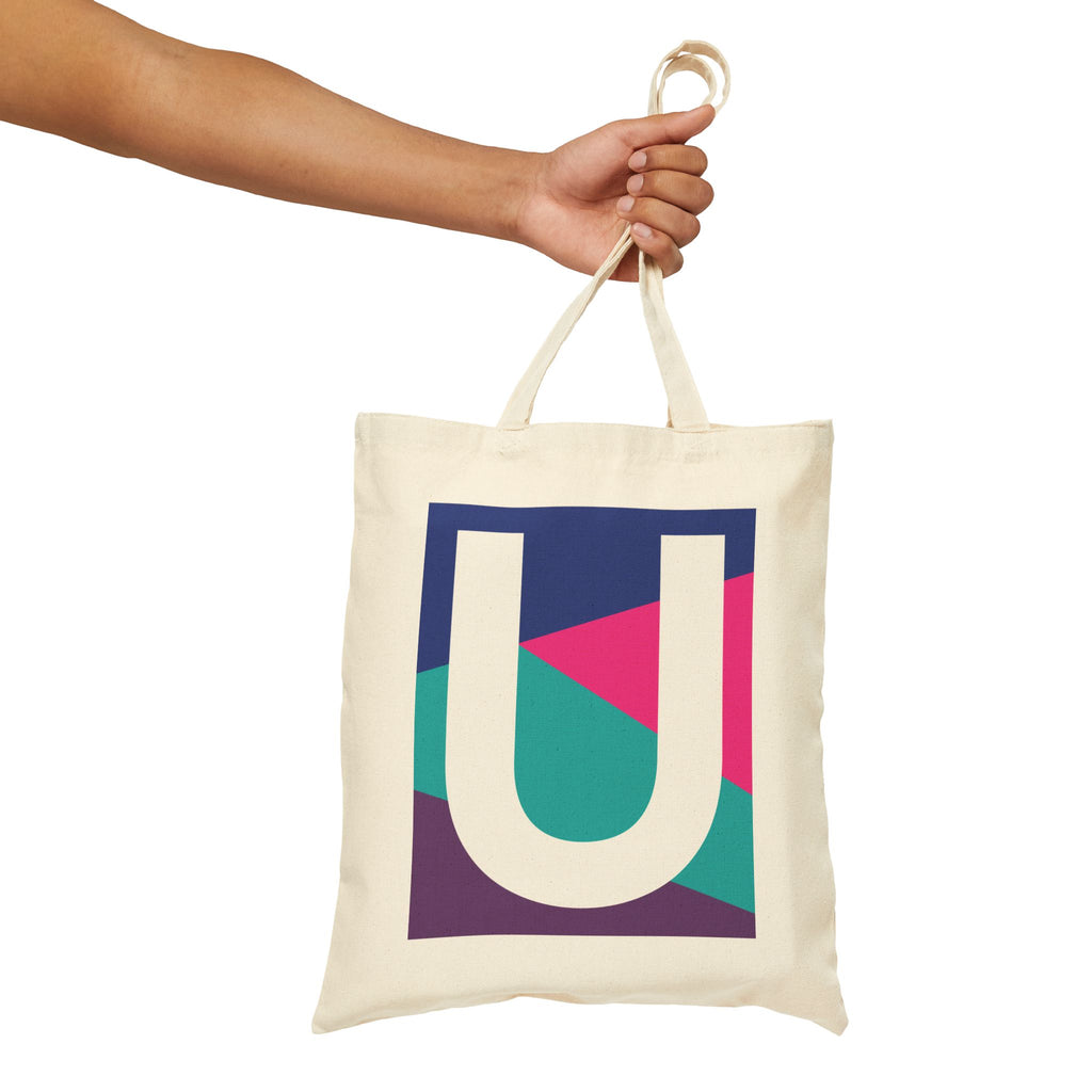 Initial U Colorblock Canvas Tote Bag — Monogram Letter U Reusable Grocery Tote