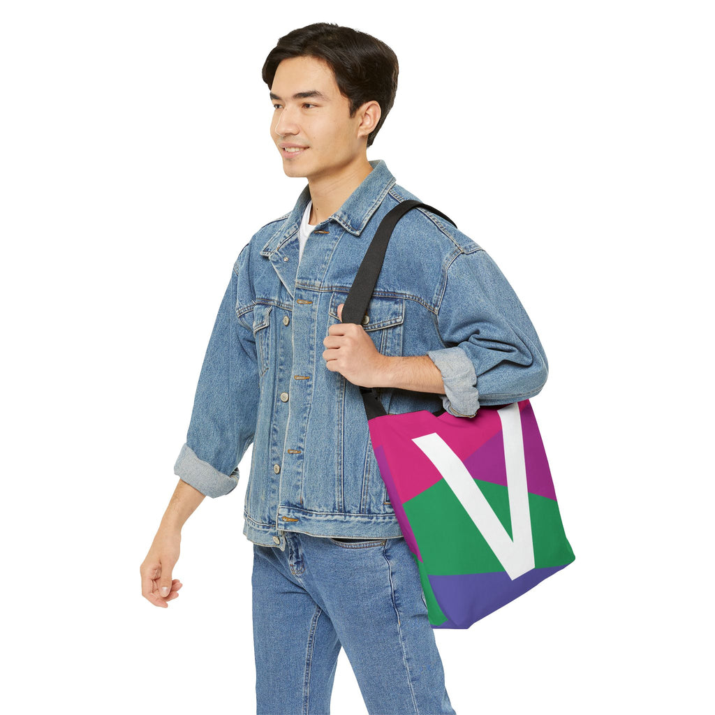 Initial Letter 'V' Colorblock Adjustable Tote Bag — Monogram Alphabet Shoulder Bag