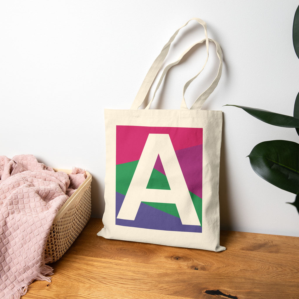 Initial A Colorblock Canvas Tote Bag — Monogram Letter A Reusable Grocery Tote