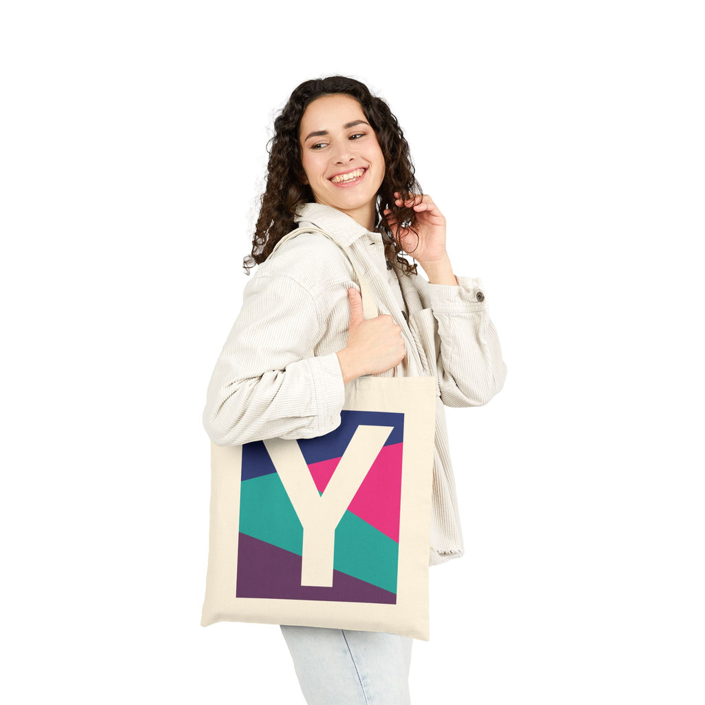 Initial Y Colorblock Canvas Tote Bag — Monogram Letter Y Reusable Grocery Tote