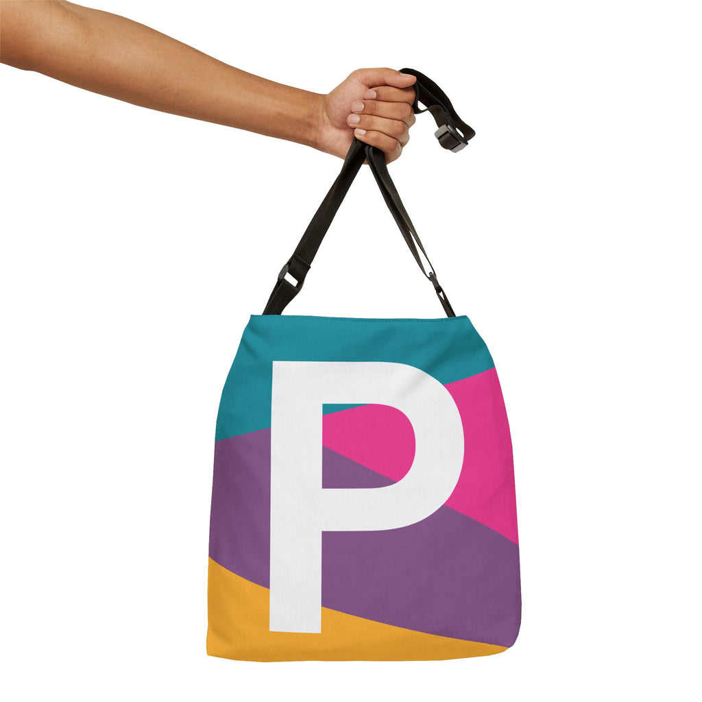 Initial Letter 'P' Colorblock Adjustable Tote Bag — Monogram Alphabet Shoulder Bag