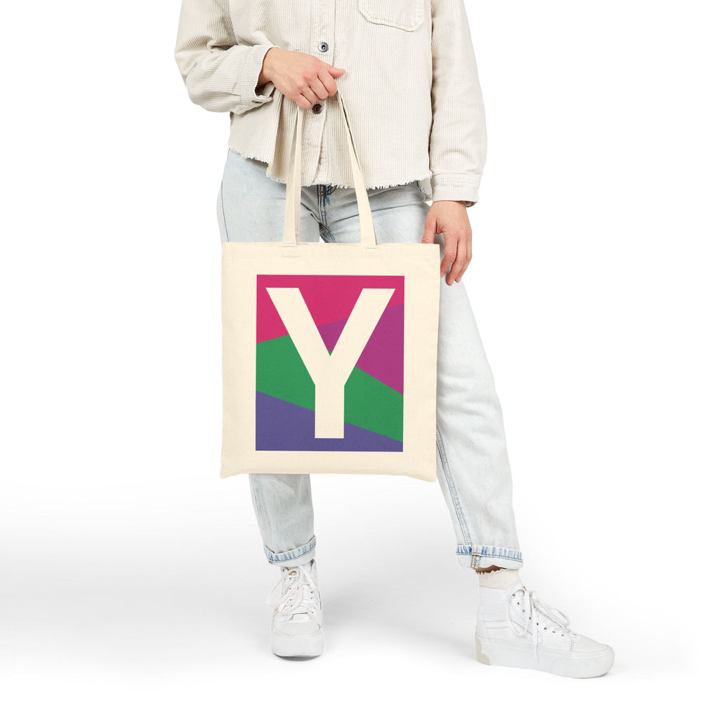 Initial Y Colorblock Canvas Tote Bag — Monogram Letter Y Reusable Grocery Tote