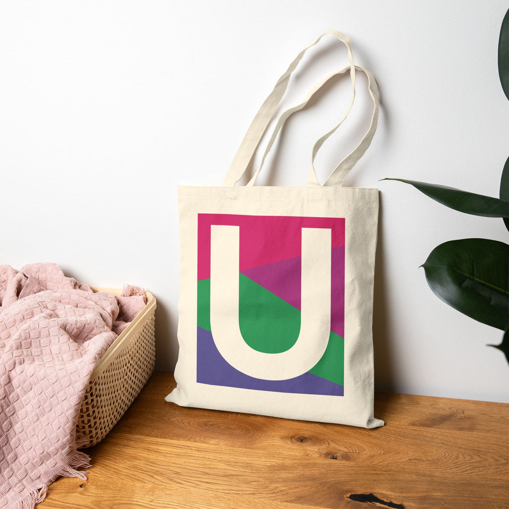 Initial U Colorblock Canvas Tote Bag — Monogram Letter U Reusable Grocery Tote
