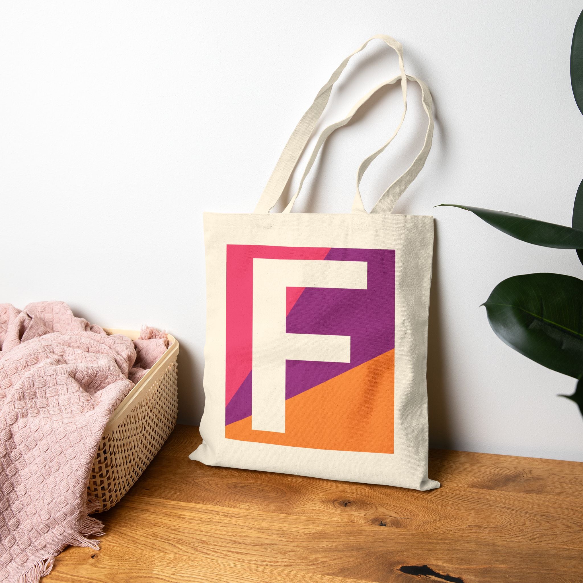 Initial F Colorblock Canvas Tote Bag — Monogram Letter F Reusable Grocery Tote