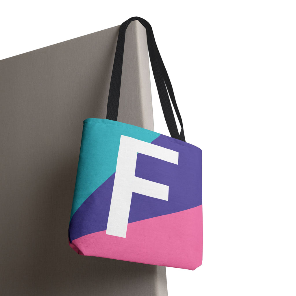 Monogram 'F' Colorblock Tote Bag — Personalized Initial F Shoulder Tote