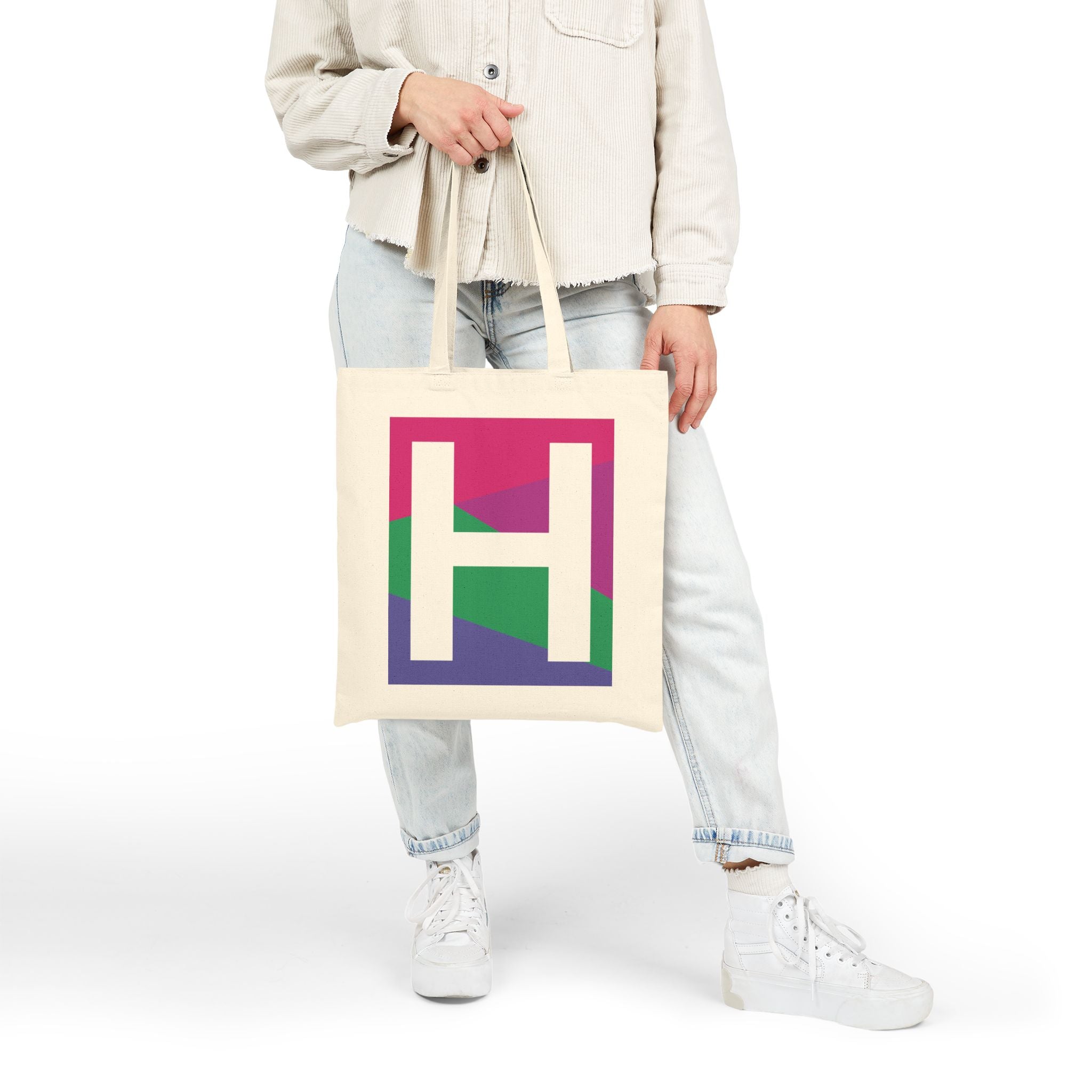 Initial H Colorblock Canvas Tote Bag — Monogram Letter H Reusable Grocery Tote