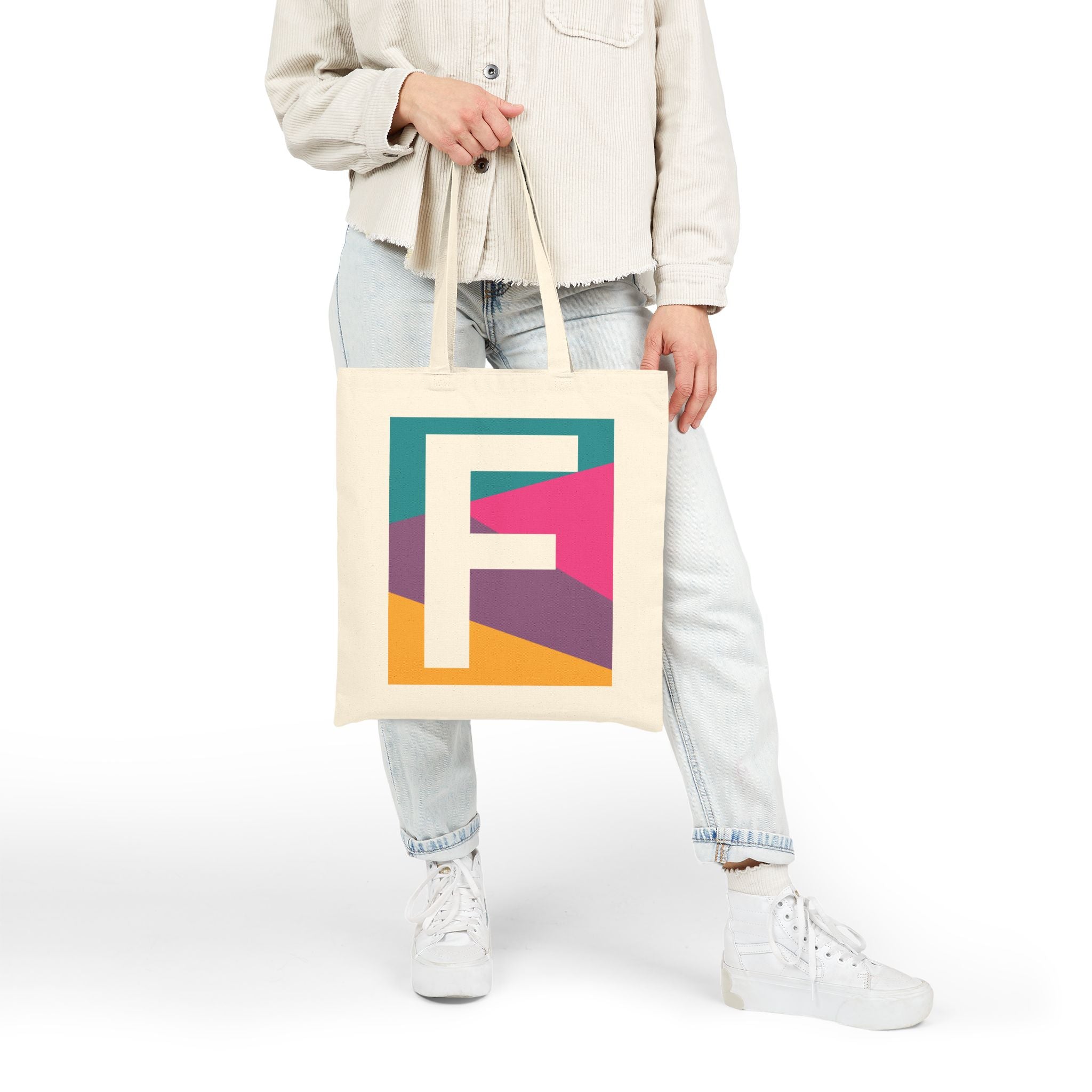 Initial F Colorblock Canvas Tote Bag — Monogram Letter F Reusable Grocery Tote