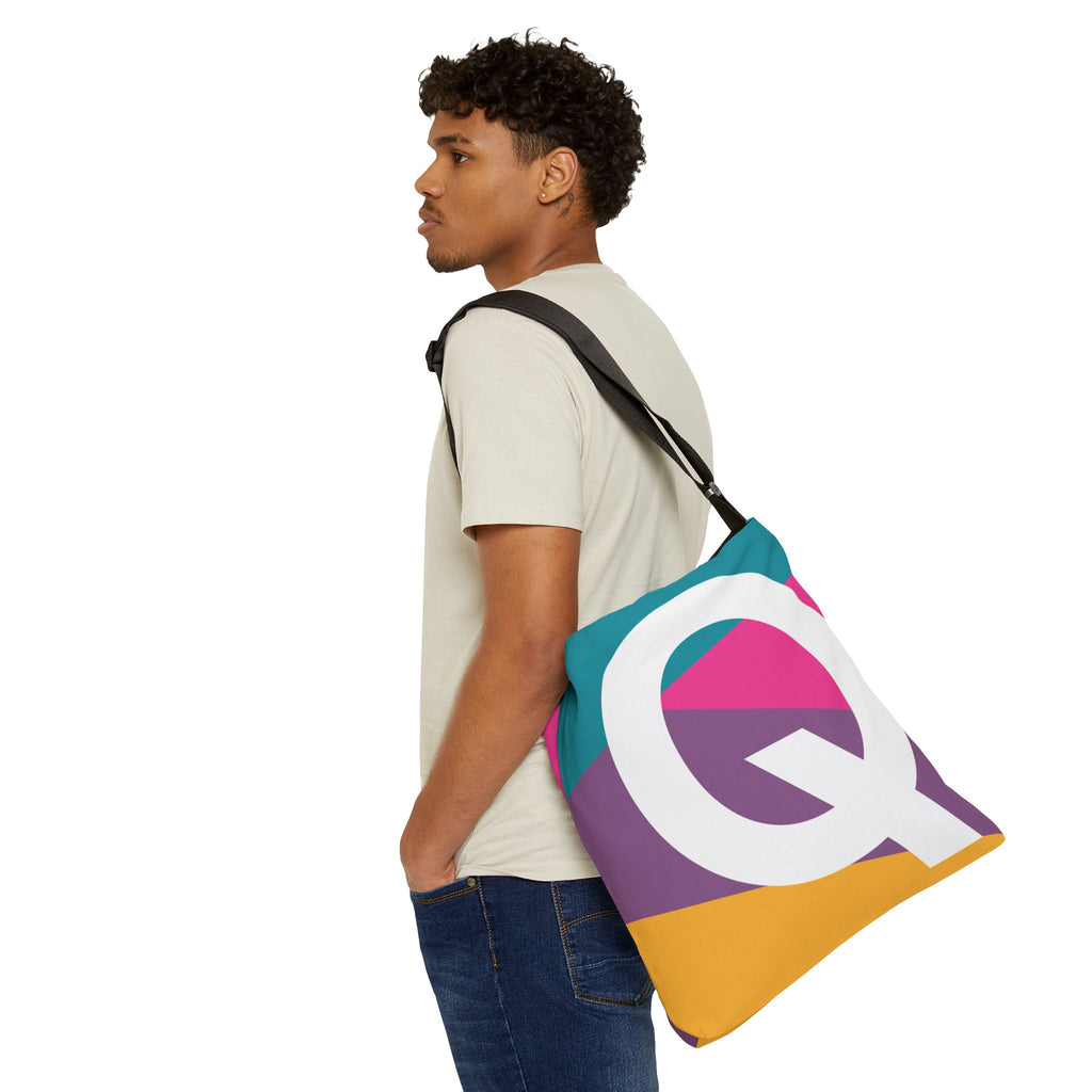 Initial Letter 'Q' Colorblock Adjustable Tote Bag — Monogram Alphabet Shoulder Bag