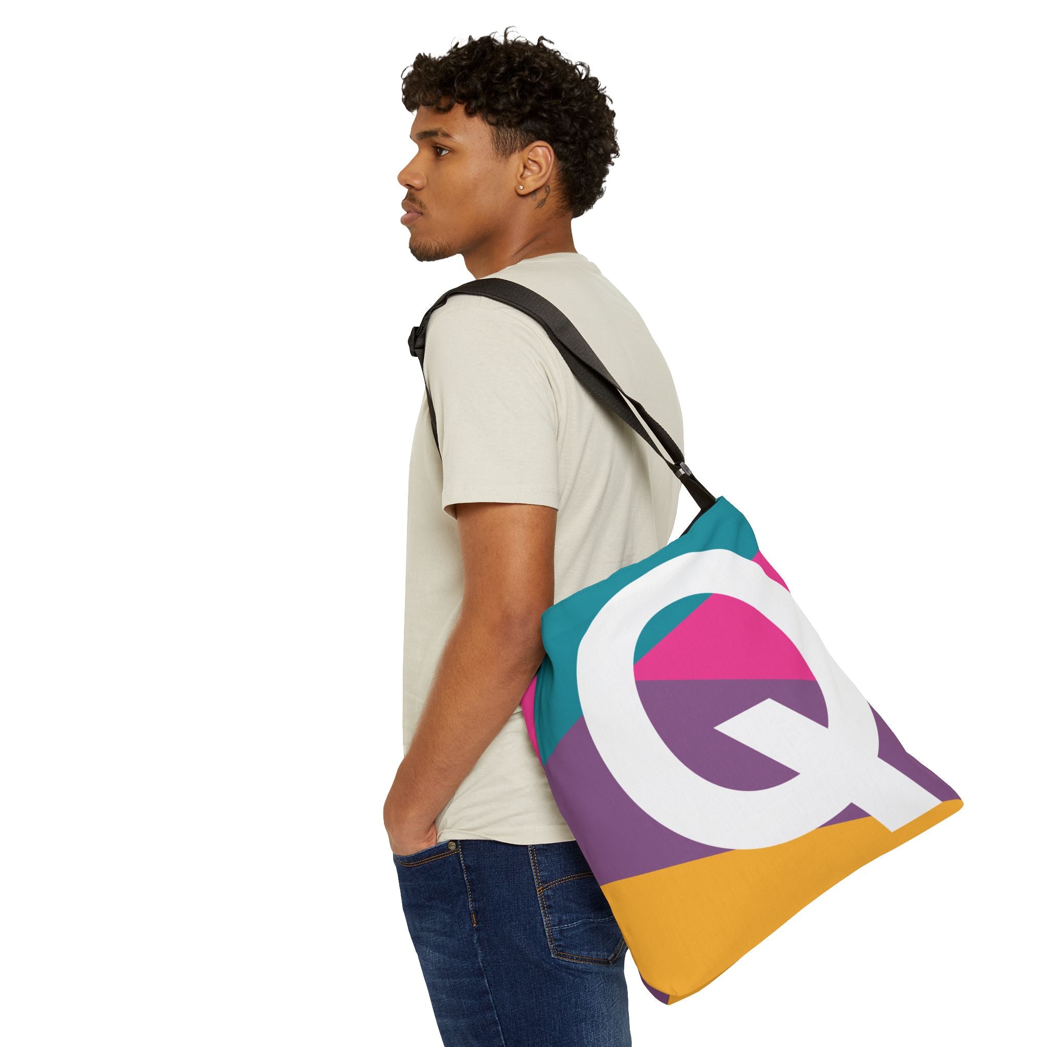 Initial Letter 'Q' Colorblock Adjustable Tote Bag — Monogram Alphabet Shoulder Bag