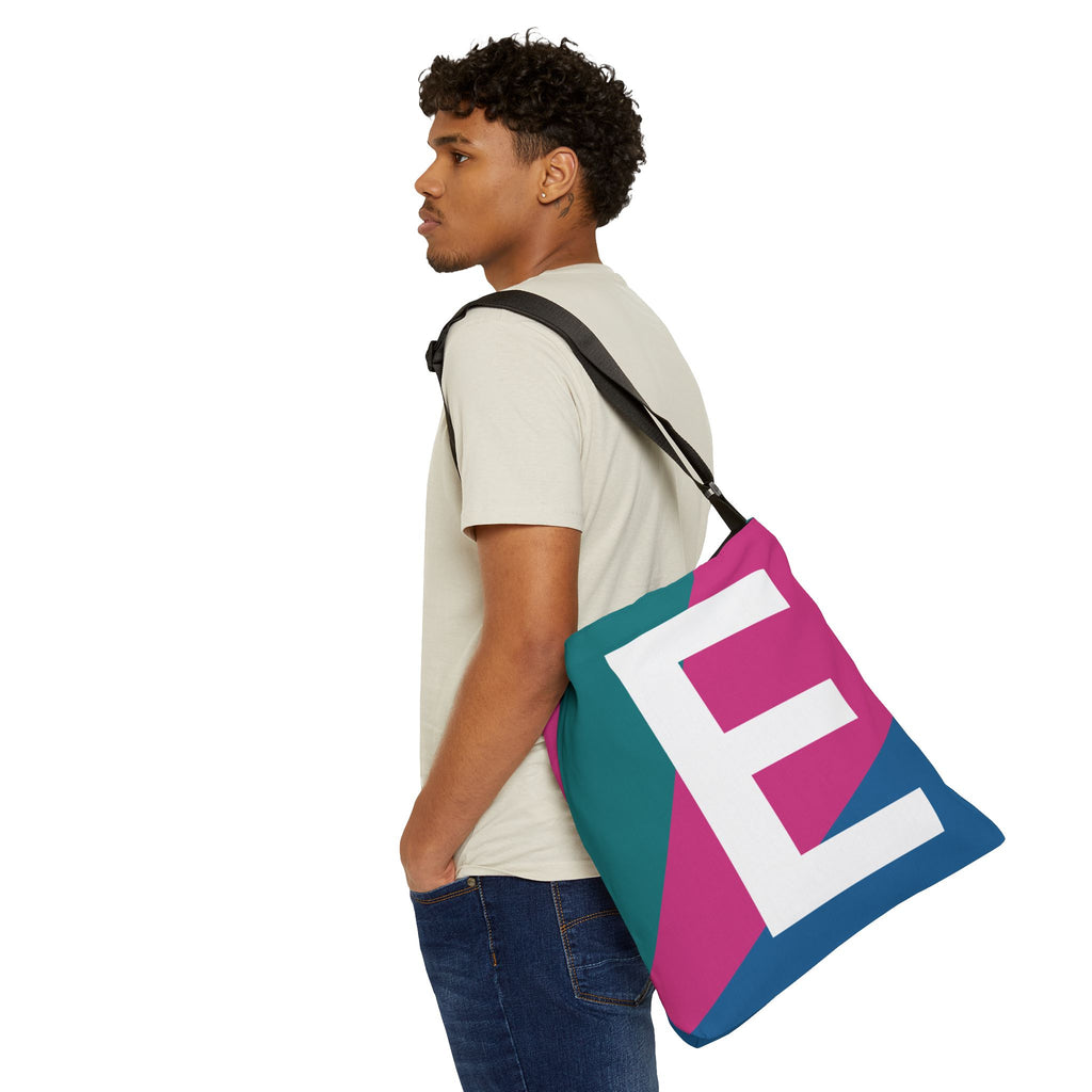 Initial Letter 'E' Colorblock Adjustable Tote Bag — Monogram Alphabet Shoulder Bag