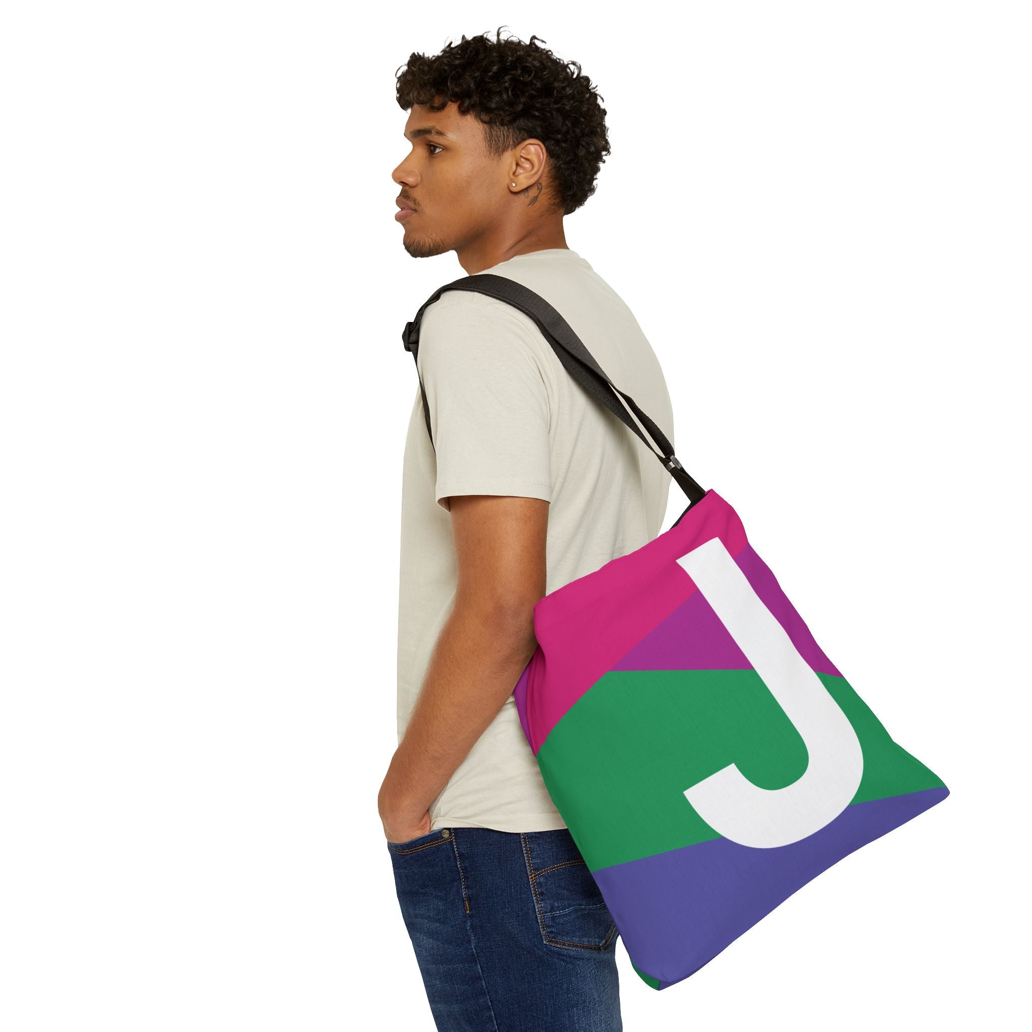 Initial Letter 'J' Colorblock Adjustable Tote Bag — Monogram Alphabet Shoulder Bag