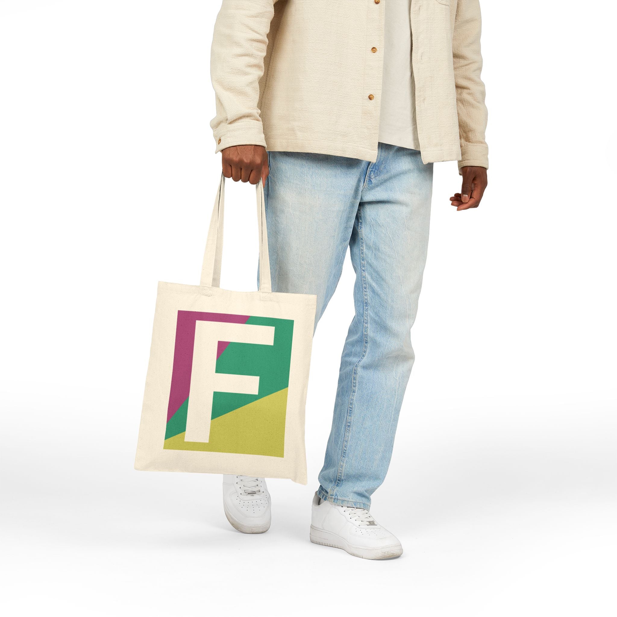 Initial F Colorblock Canvas Tote Bag — Monogram Letter F Reusable Grocery Tote