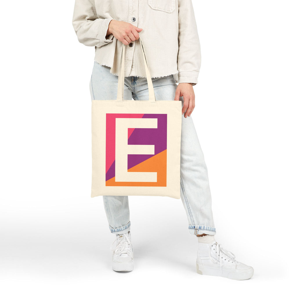 Initial E Colorblock Canvas Tote Bag — Monogram Letter E Reusable Grocery Tote