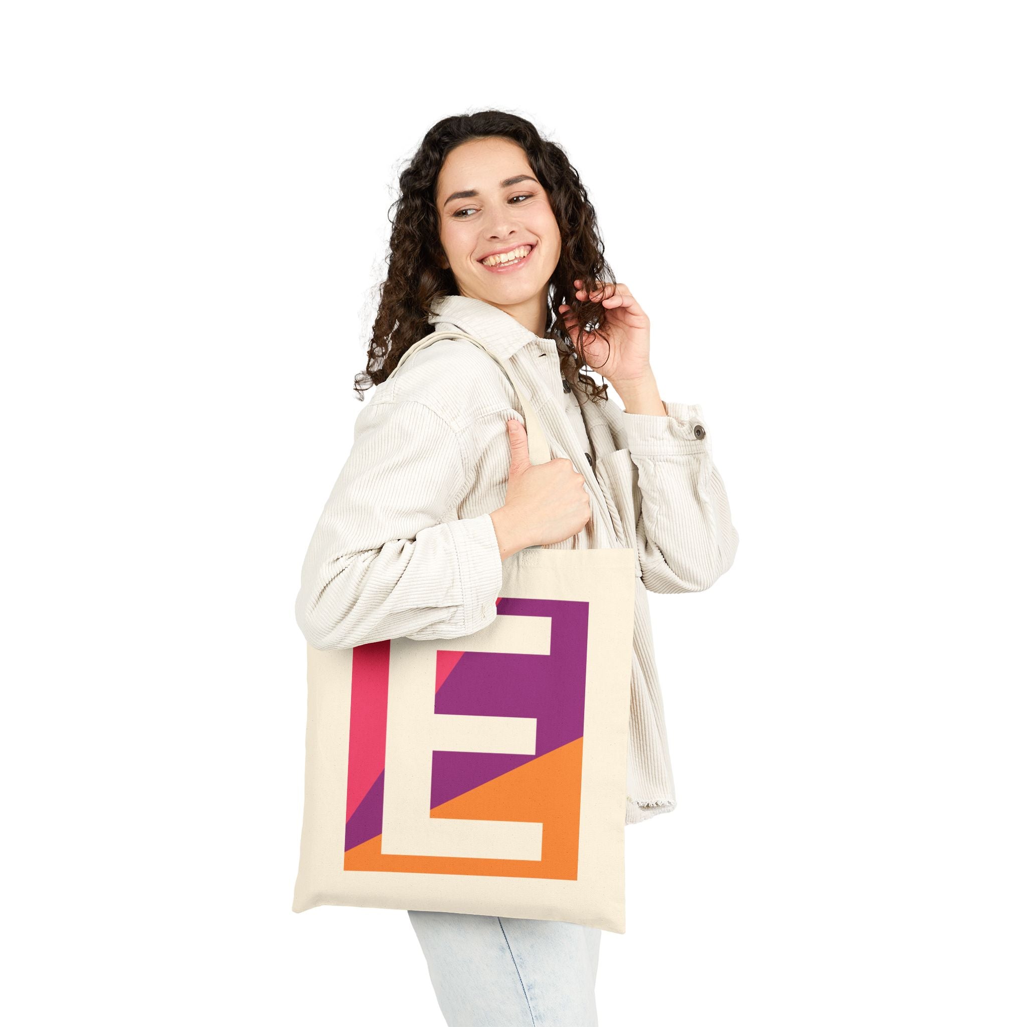Initial E Colorblock Canvas Tote Bag — Monogram Letter E Reusable Grocery Tote
