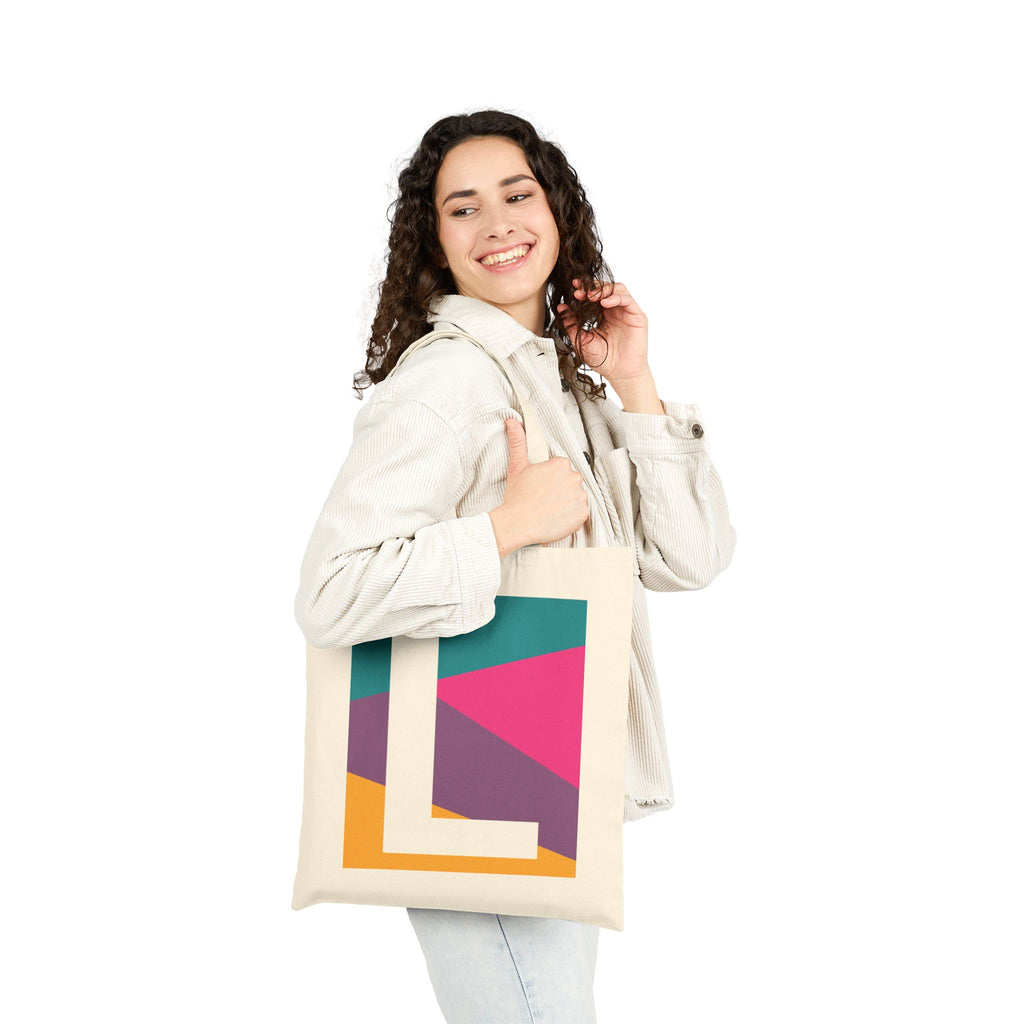 Initial L Colorblock Canvas Tote Bag — Monogram Letter L Reusable Grocery Tote