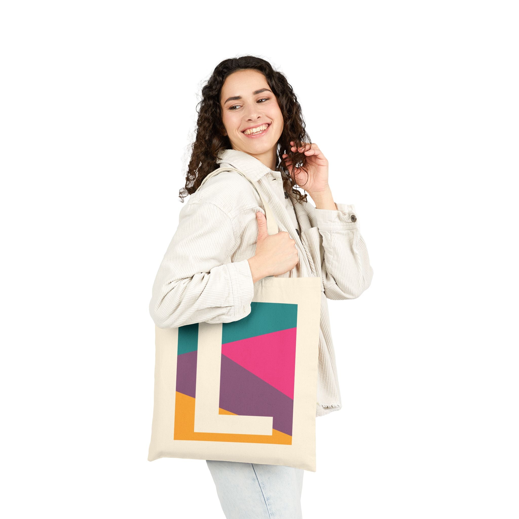 Initial L Colorblock Canvas Tote Bag — Monogram Letter L Reusable Grocery Tote