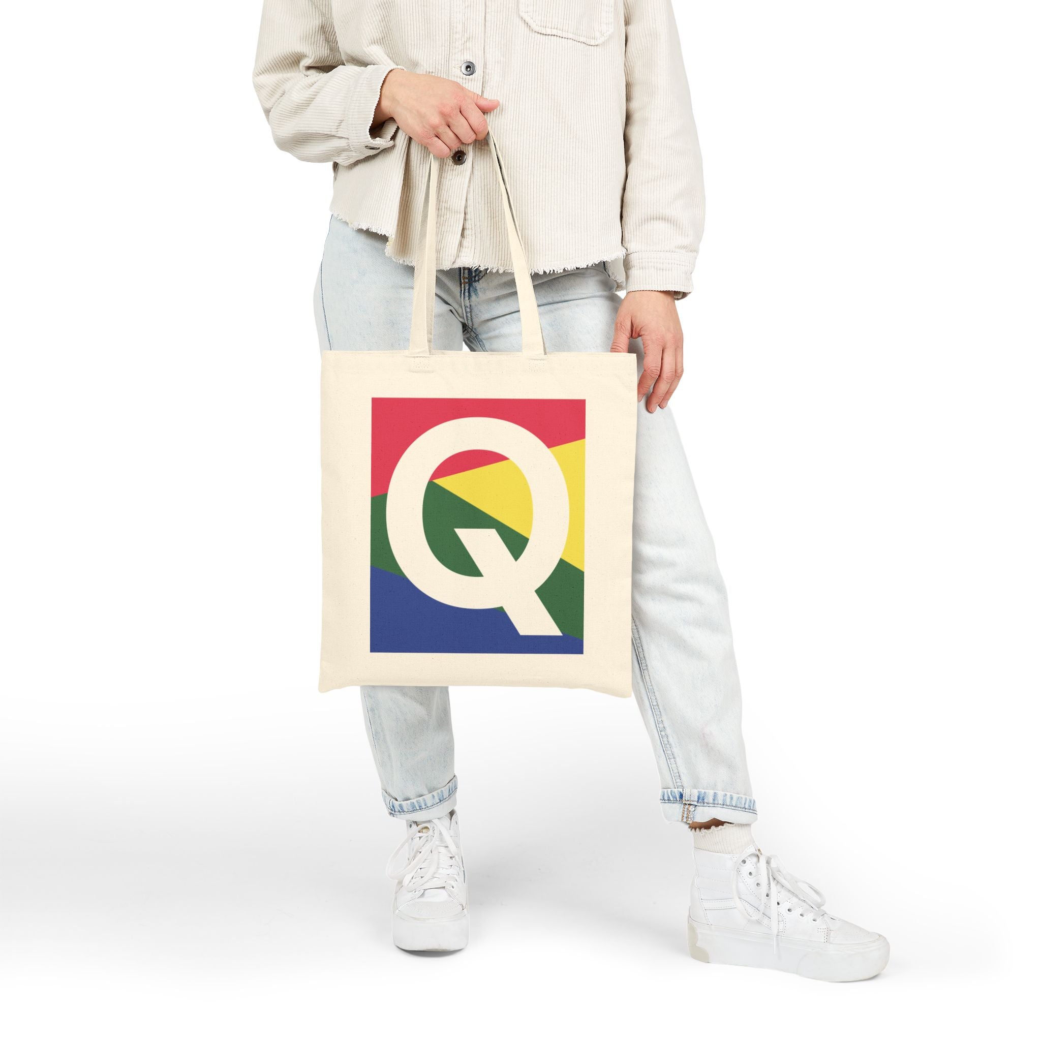 Initial Q Colorblock Canvas Tote Bag — Monogram Letter Q Reusable Grocery Tote