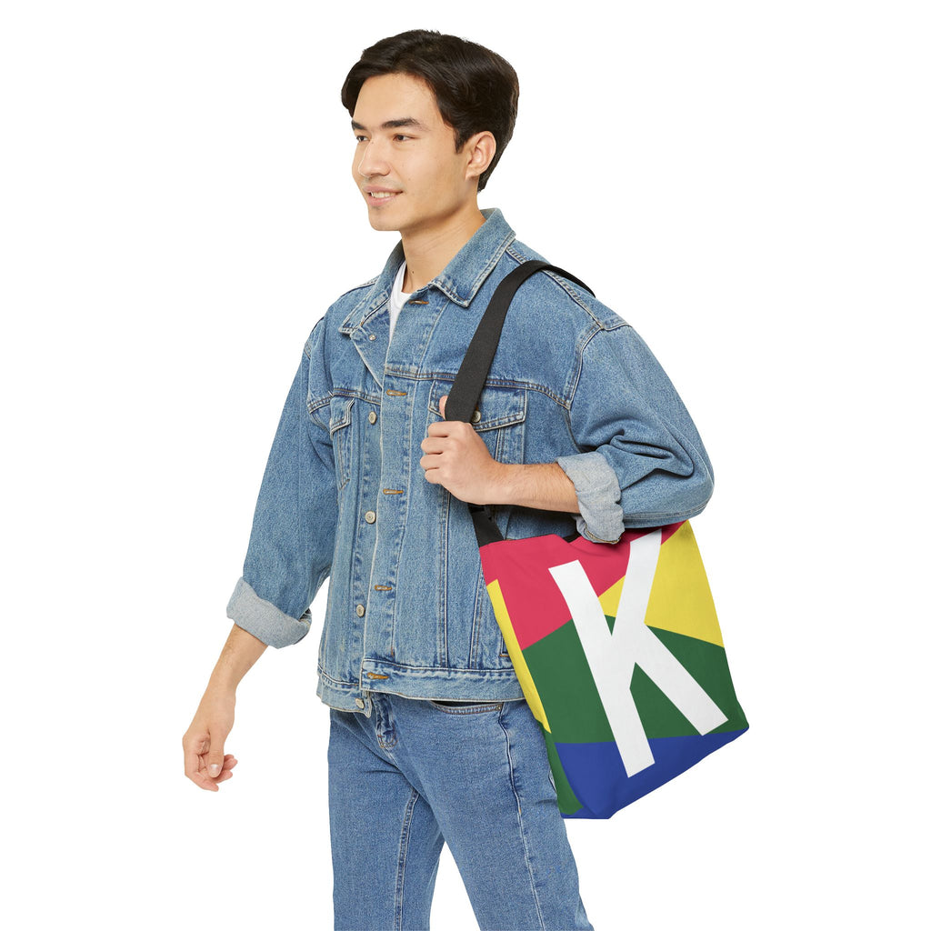 Initial Letter 'K' Colorblock Adjustable Tote Bag — Monogram Alphabet Shoulder Bag