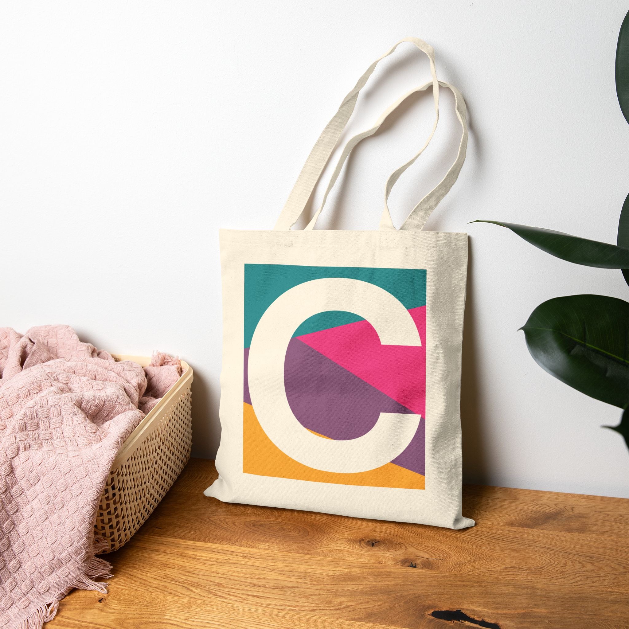 Initial C Colorblock Canvas Tote Bag — Monogram Letter C Reusable Grocery Tote