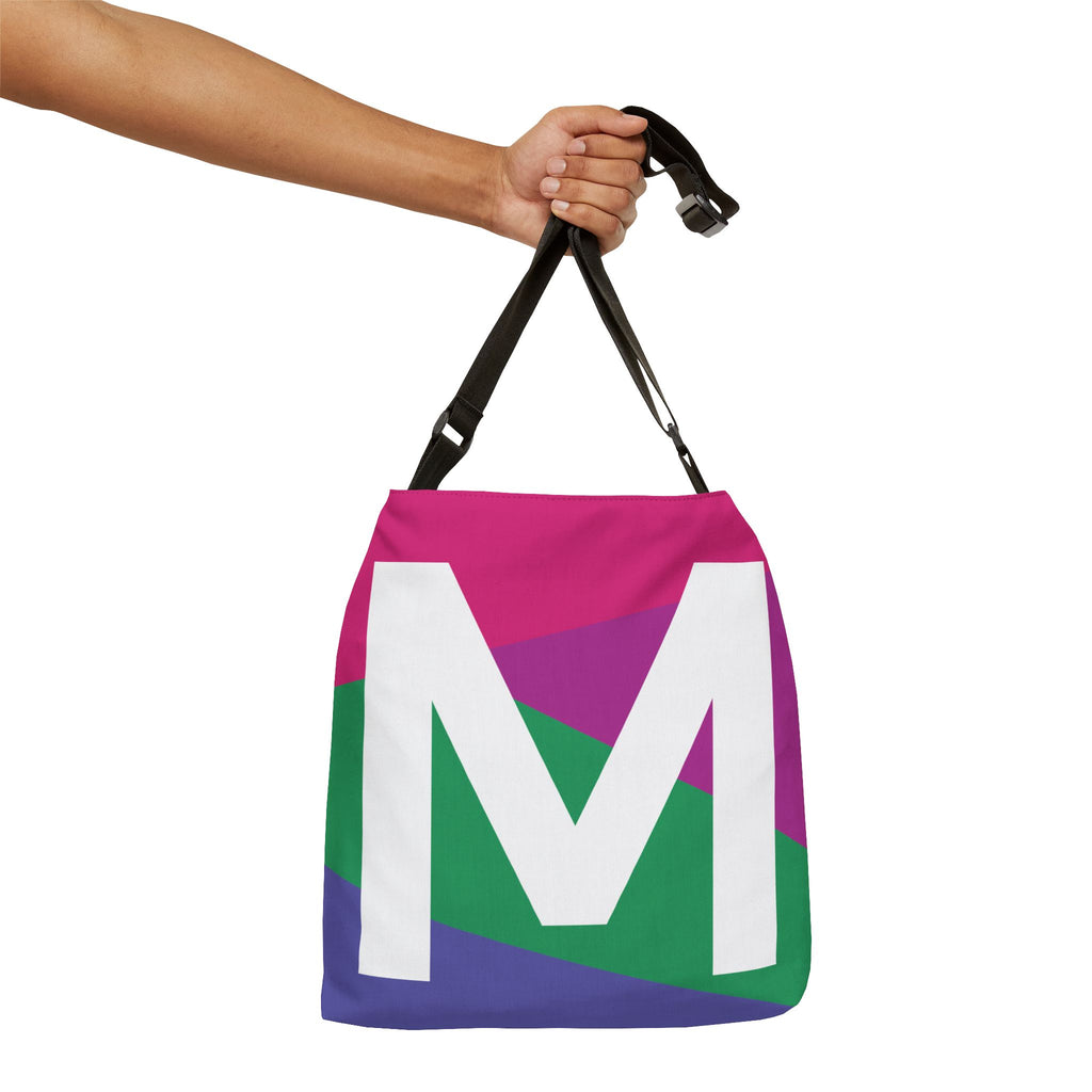 Initial Letter 'M' Colorblock Adjustable Tote Bag — Monogram Alphabet Shoulder Bag