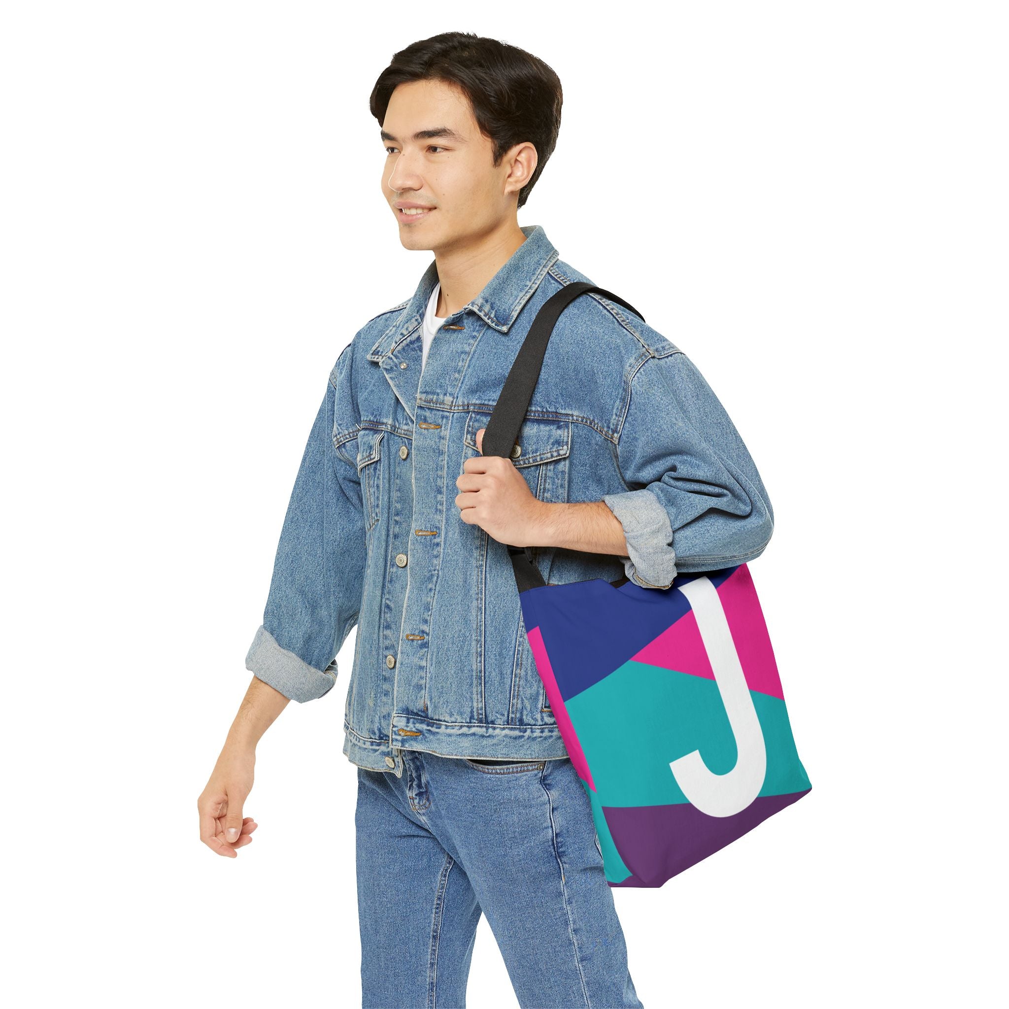 Initial Letter 'J' Colorblock Adjustable Tote Bag — Monogram Alphabet Shoulder Bag