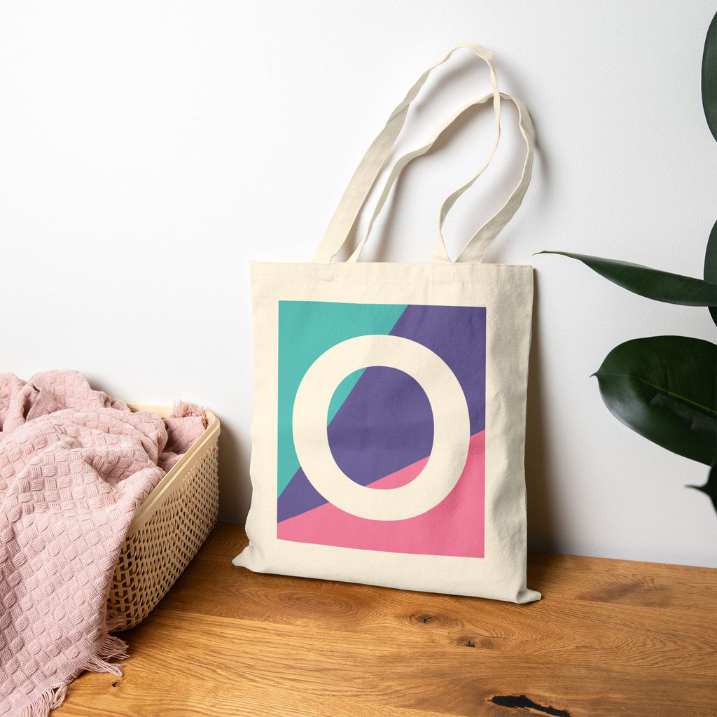 Initial O Colorblock Canvas Tote Bag — Monogram Letter O Reusable Grocery Tote