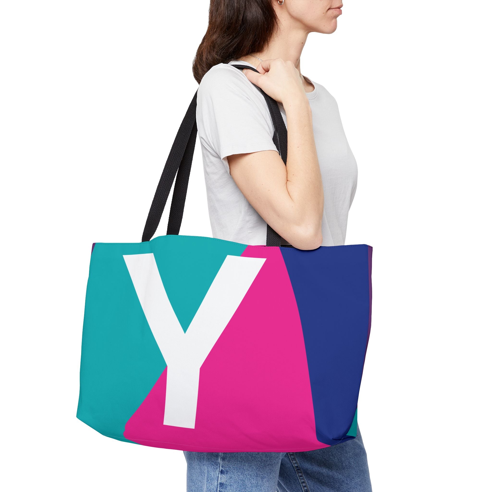 Personalized 'Y' Colorblock Tote Bag — Monogram Weekender Tote