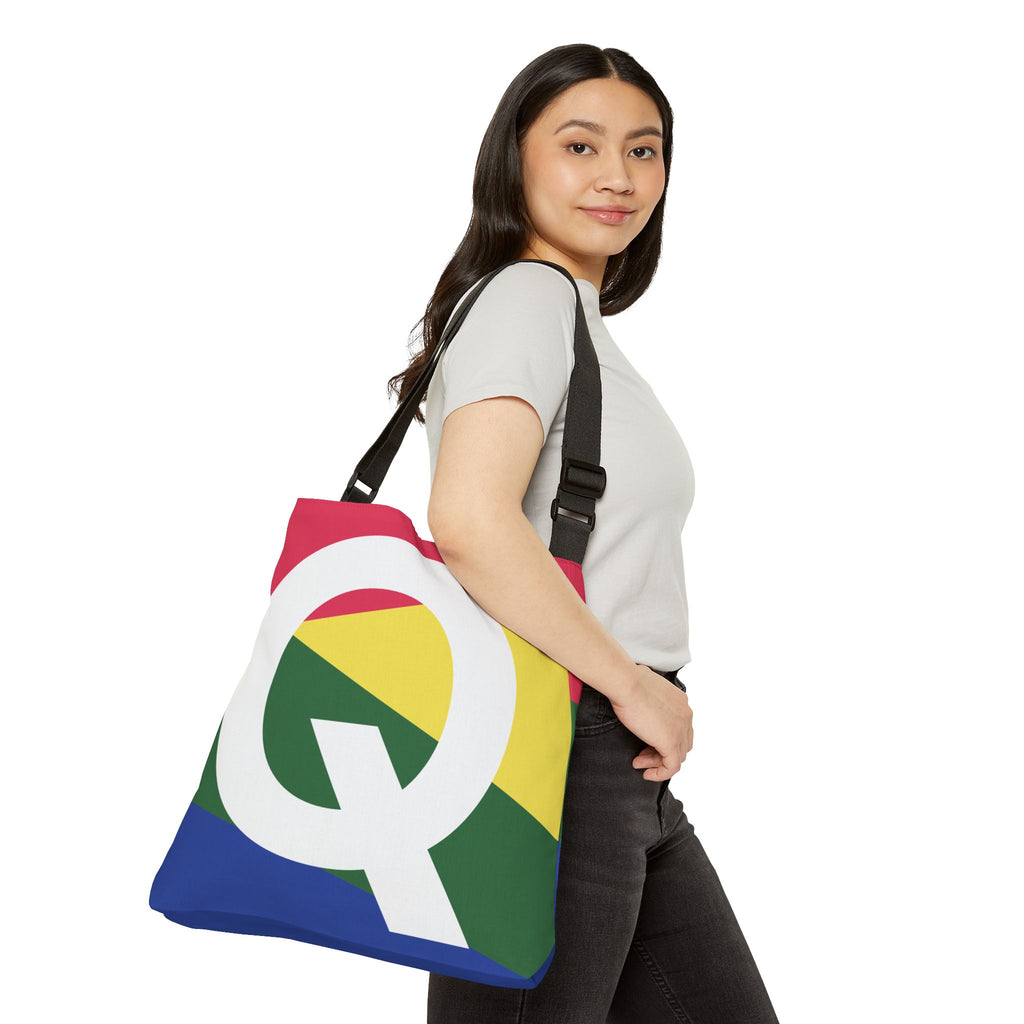 Initial Letter 'Q' Colorblock Adjustable Tote Bag — Monogram Alphabet Shoulder Bag