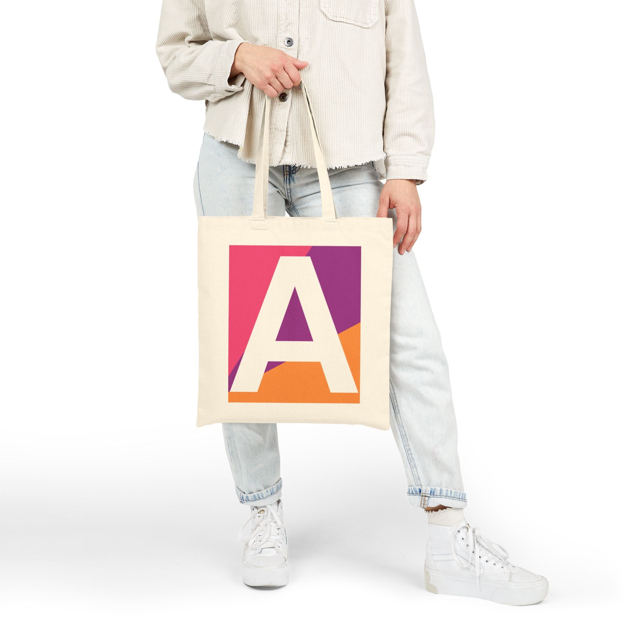 Initial A Colorblock Canvas Tote Bag — Monogram Letter A Reusable Grocery Tote