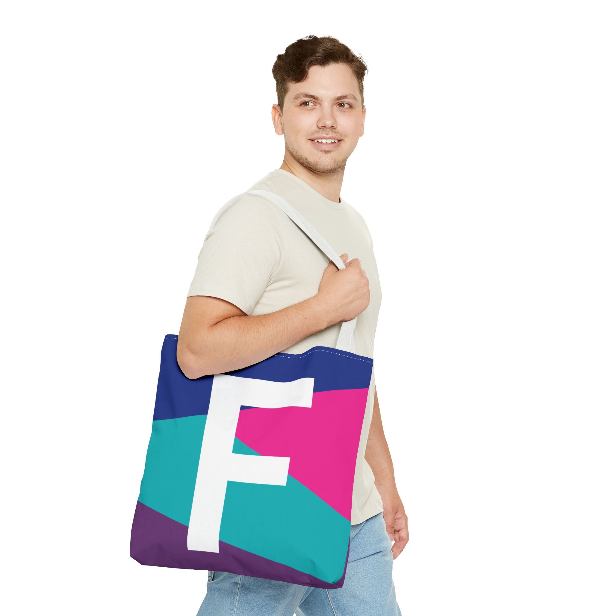 Monogram 'F' Colorblock Tote Bag — Personalized Initial F Shoulder Tote